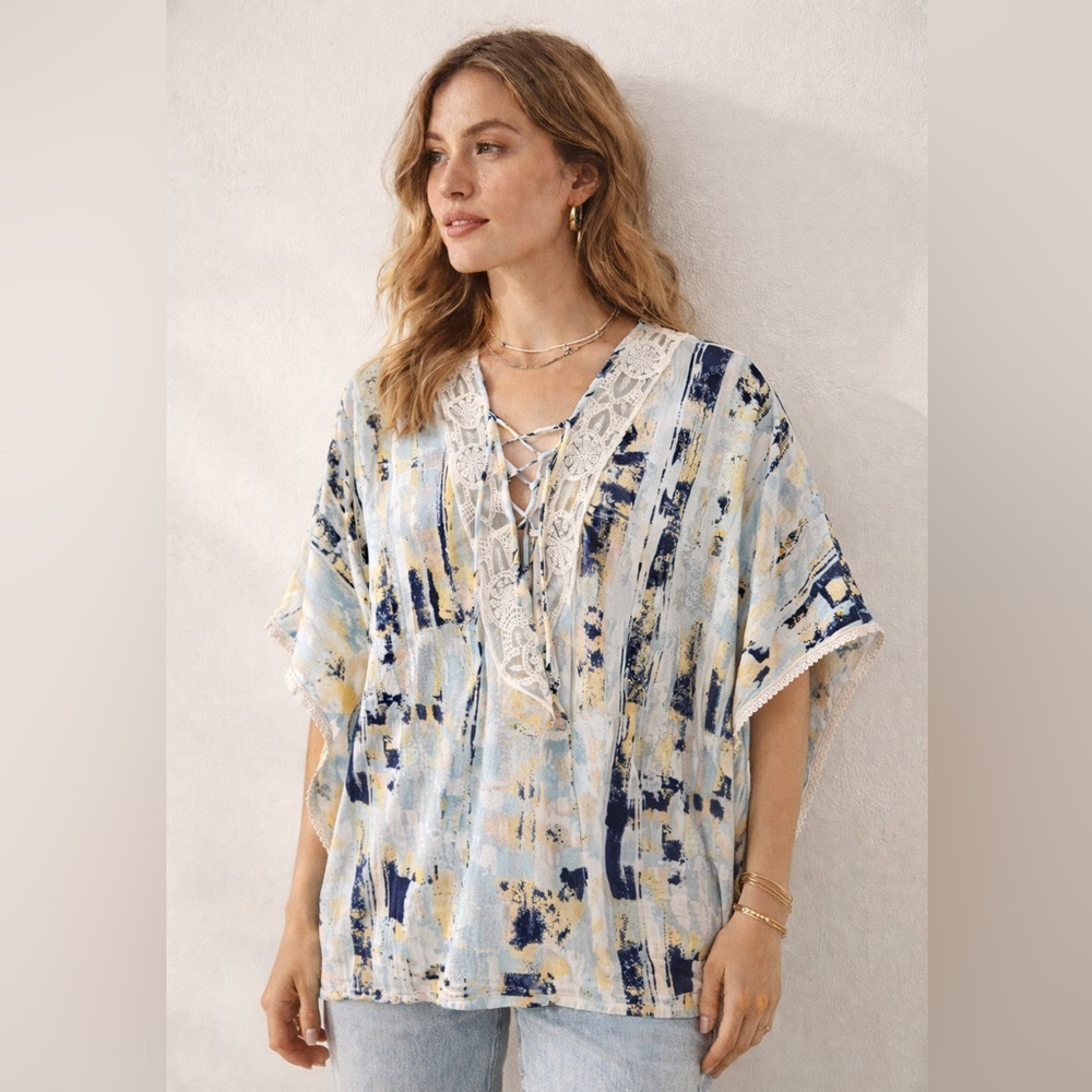 Sloane Rouge Lace Trim Kimono Blouse Blue Abstract Print M/L Boho‎ Sheer Top